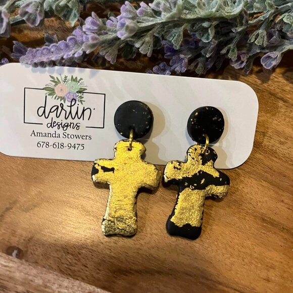 Handmade Clay Earrings Gold and Black Cross - Picture 1 of 1